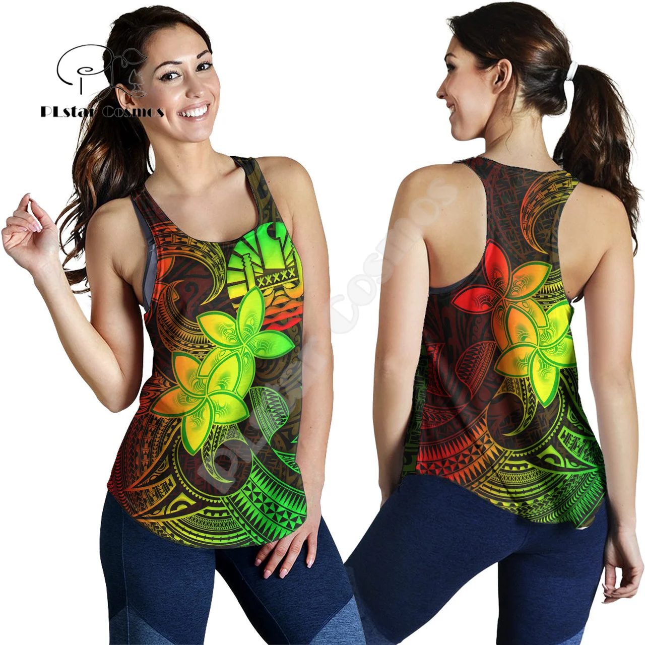 French Polynesia Tahiti Hibiscus Tattoo Retro Vintage 3D Harajuku Summer Yoga Women Vest Racerback Tank Top Fitness Sleeveless A