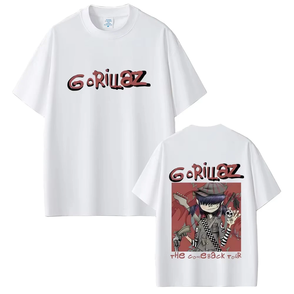 เสื้อยืดฮิปฮอปแฟชั่นโอเวอร์ไซส์สตรีทแวร์ยูนิเซ็กซ์สไตล์โกธิคพังก์  วงร็อค Gorillaz The Come Back Tour