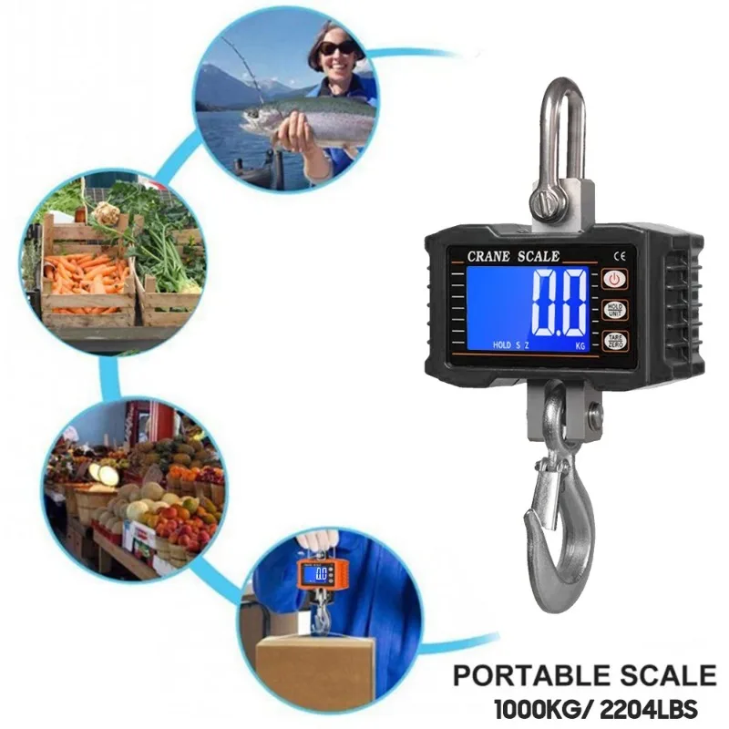1000kg/ 2204lbs Digital Hanging Scale Heavy Duty Crane Scale LCD Backlight Industrial Hook Scales for Construction Site Fishing
