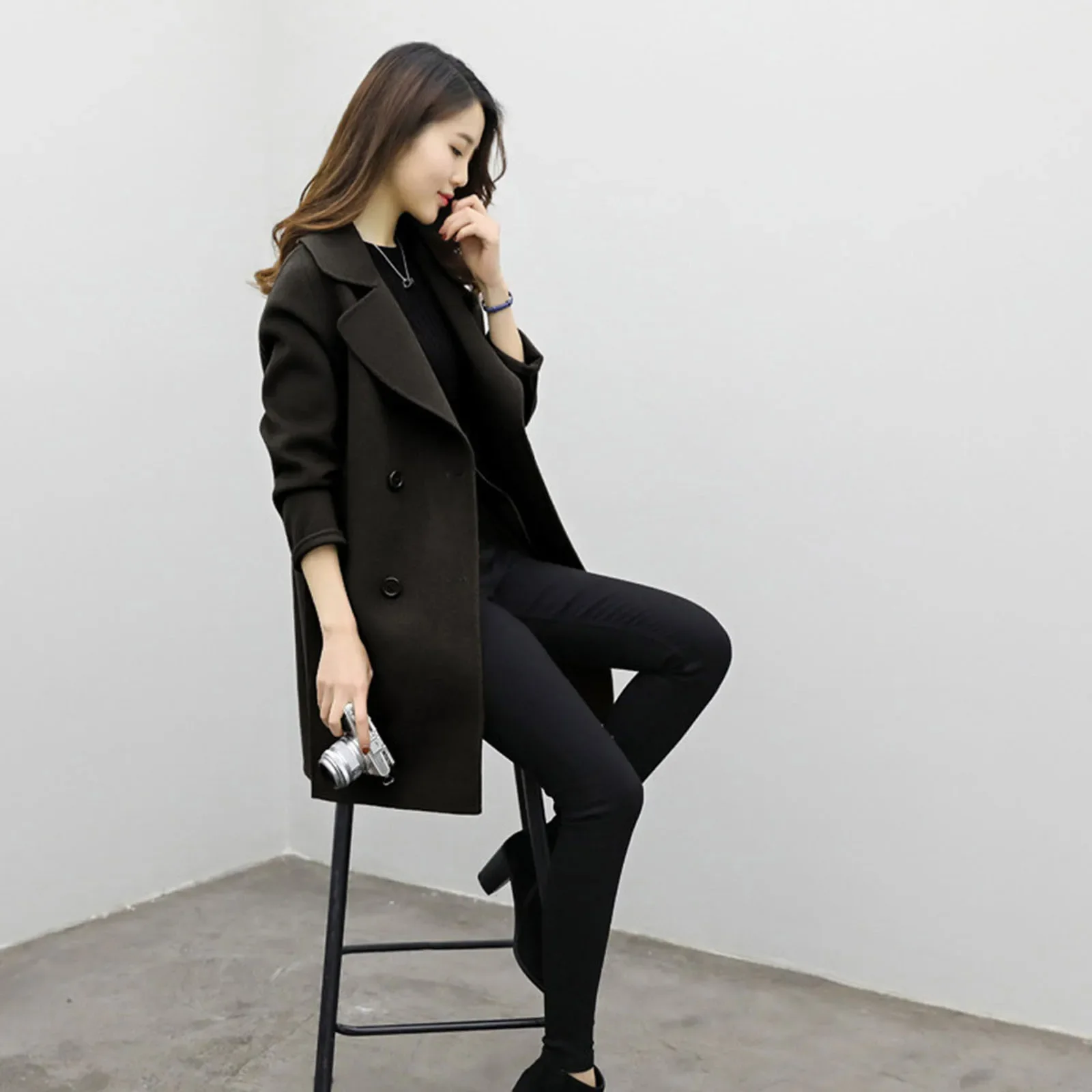 Elegant Turn-down Collar Women's Coat Casual Outwear Slim Autumn Coat Winter Woolen Midi Cardigan Black Double Breasted Jacket