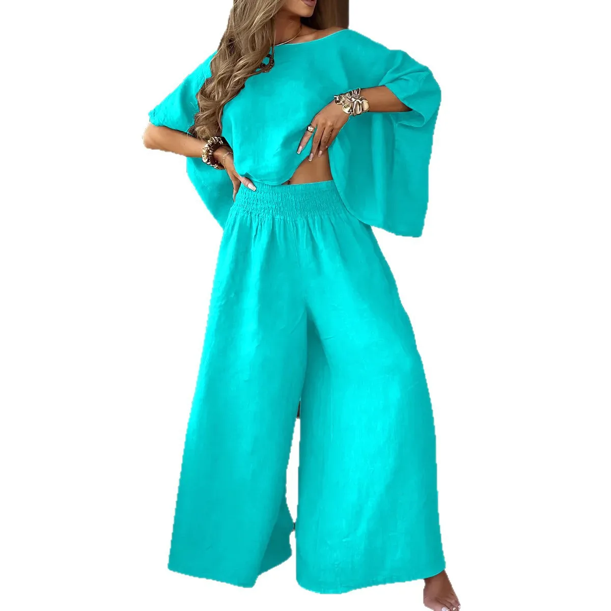 

2025 New Fashion Half-sleeved Top + Wide-leg Pants Two-piece Sets Women Autumn Casual Solid Color Shirt Trousers Suit For Women