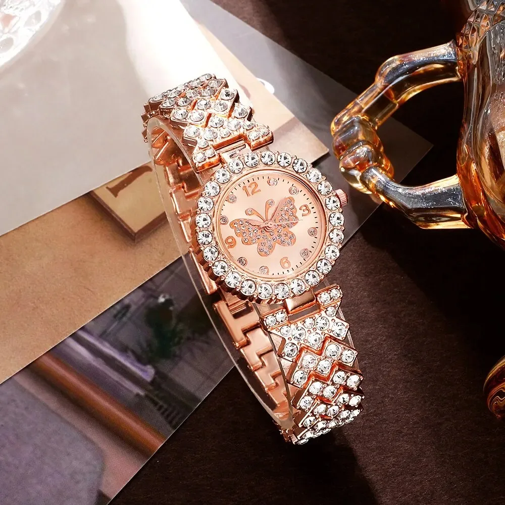 6 Piece Jewelry Set Rose Gold Luxury Watches Women Rings Necklace Earrings Rhinestone Fashion Watches Casual Women Watches