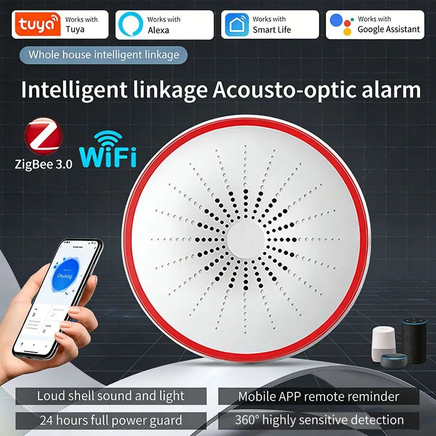 

Tuya WiFi Zigbee Smart Siren Sound Light Alarm Home Security System Detector App Control USB Powered Work With Alexa Google Home