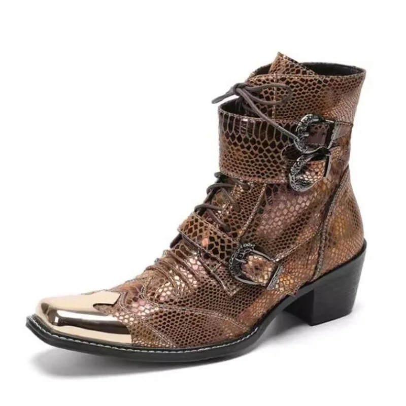

British Style High Top Mens Shoes Metal Pointed Toe Black Snakeskin Print Leather Lace up Block Heels Ankle Boots