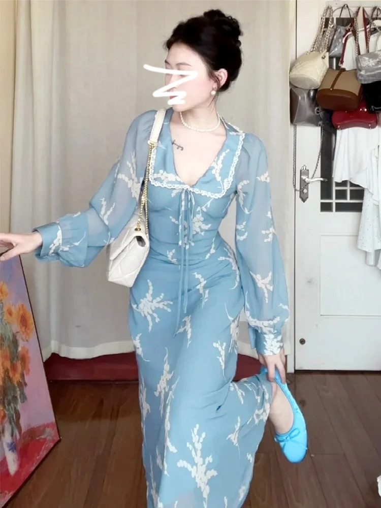 Colar de boneca longo floral azul Dr feminino primavera outono novo Sle Ele High-End Long Dr Sweet japonês Sle A-...