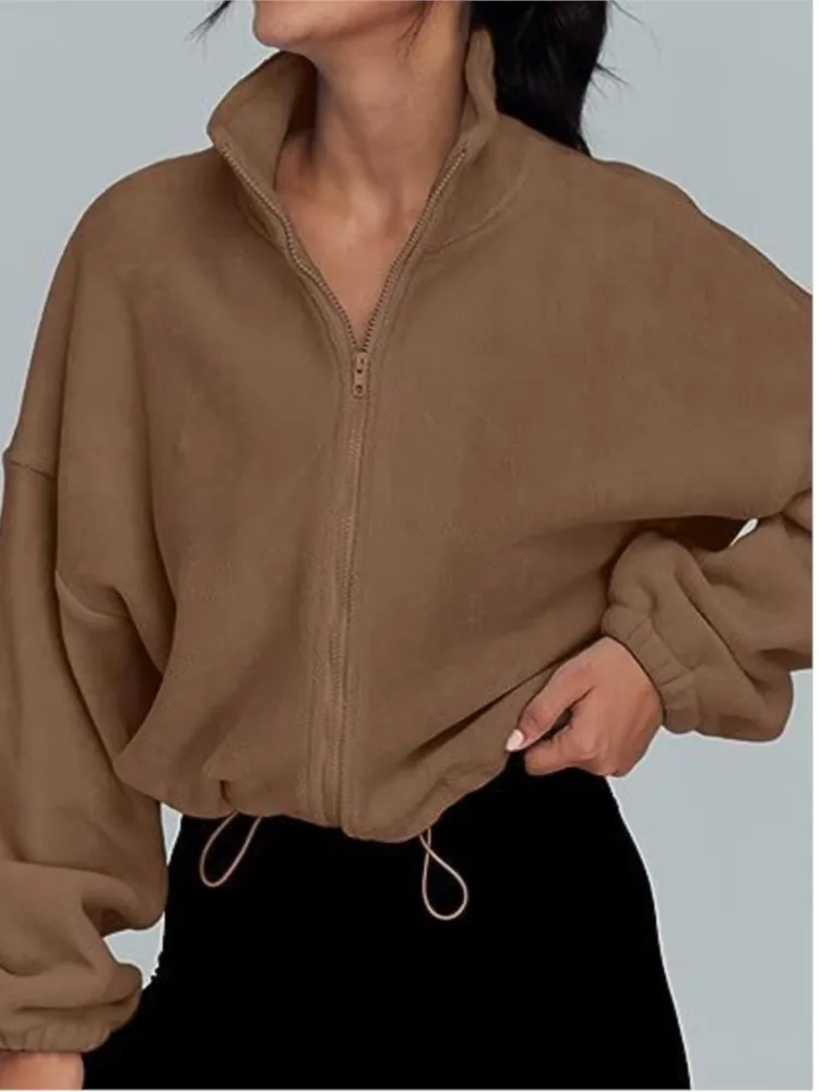 

Women Casual Loose Solid Hoodie Coat Long Sleeve Stand Collar Zipper Cardigan Jacket Female Autumn Sports Ladies Coat Sweatshirt