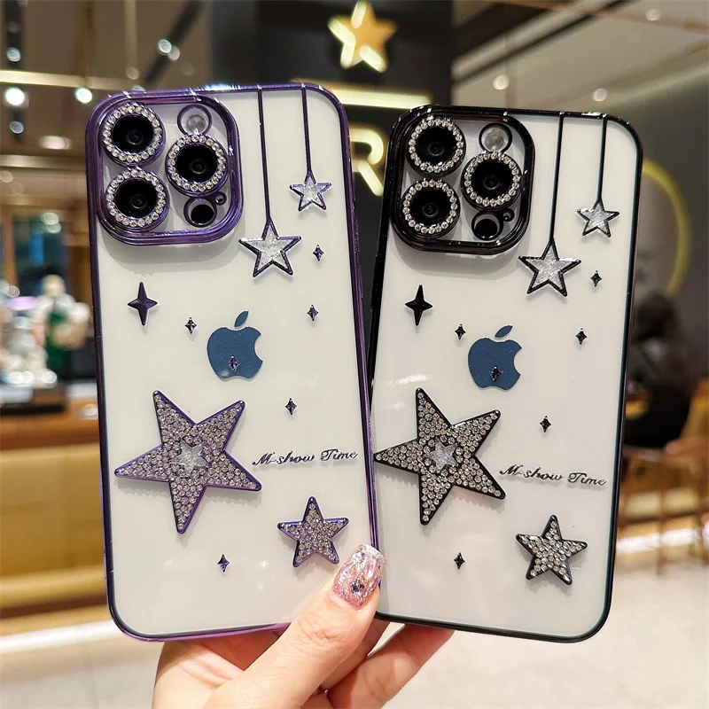 Electroplated Transparent Meteor Rhinestone Phone Case For iPhone 15 14 13 12 Pro Max Precision Hole Lens Protective Case Parts