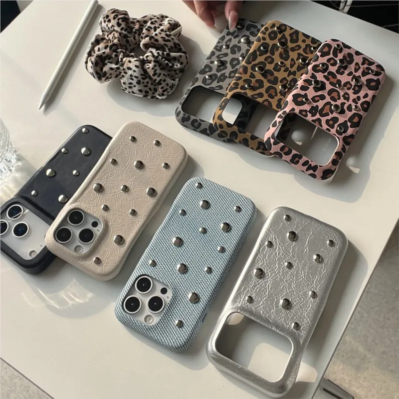 Fashion Luxury Retro Denim Leopard Studded Diamond Phone Cas