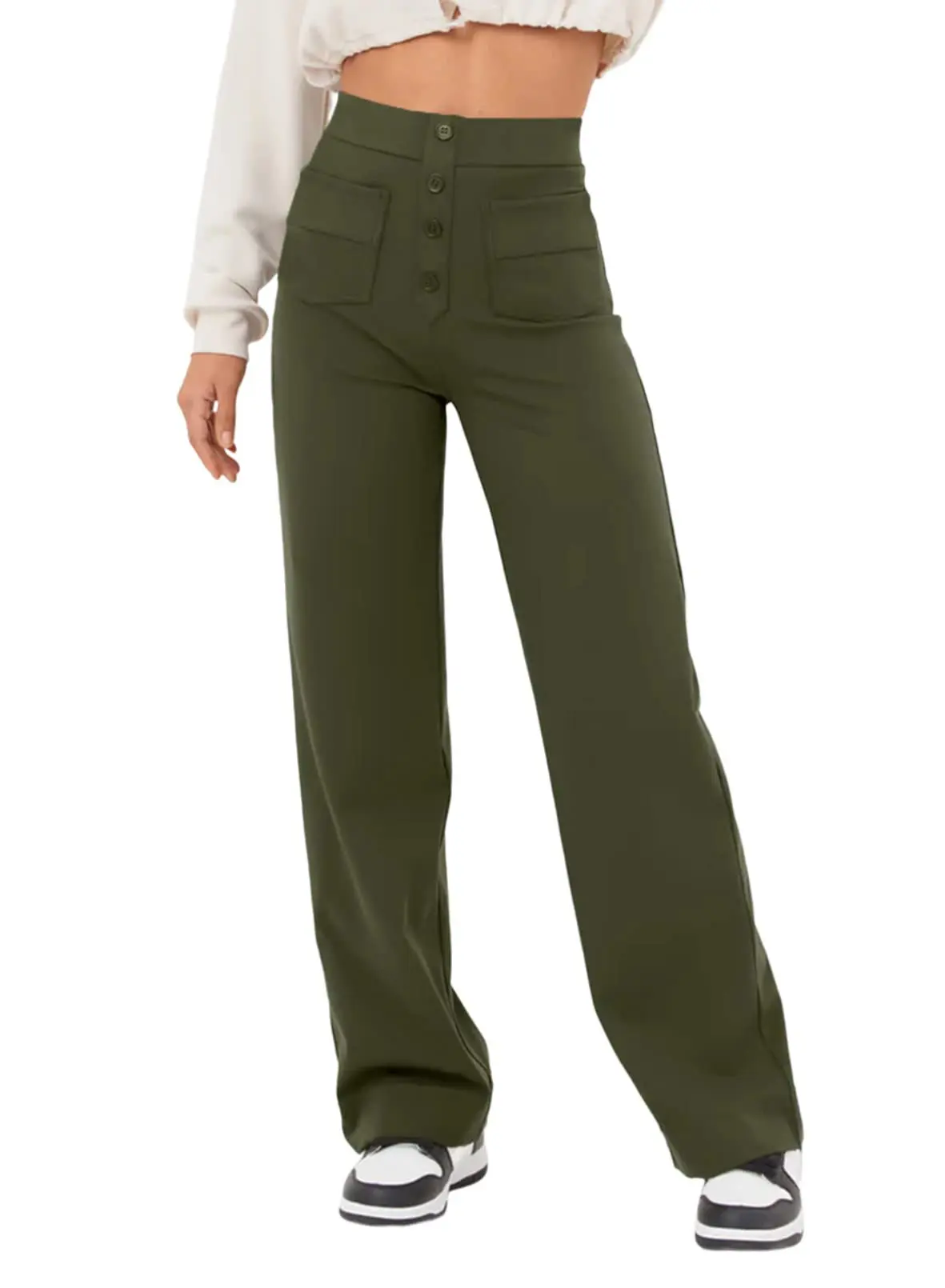 Women's Casual Straight Cargo Pants Leg Pants With High Waist Button Elastic Business Work Pants With Multiple Pockets