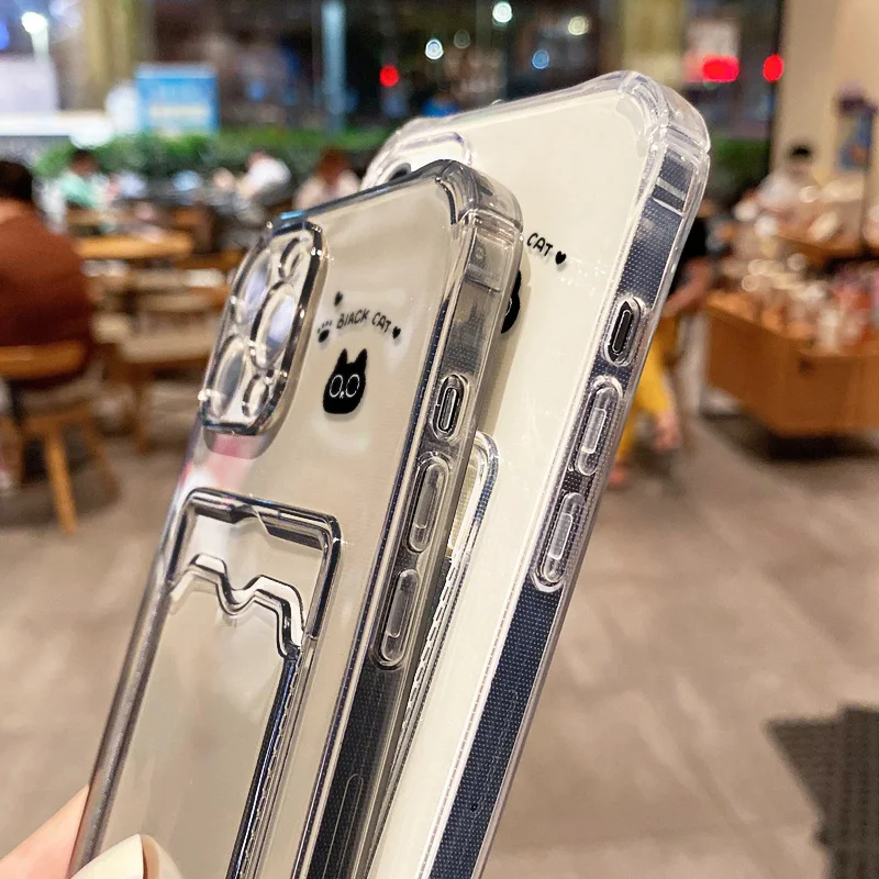 Custodia per telefono simpatico gatto nero per iPhone 17 Pro Max 16 15 13 12 11 14 Pro Max Air 7 8 Plus XR SE Custodia per slot per carte Custodia a portafoglio