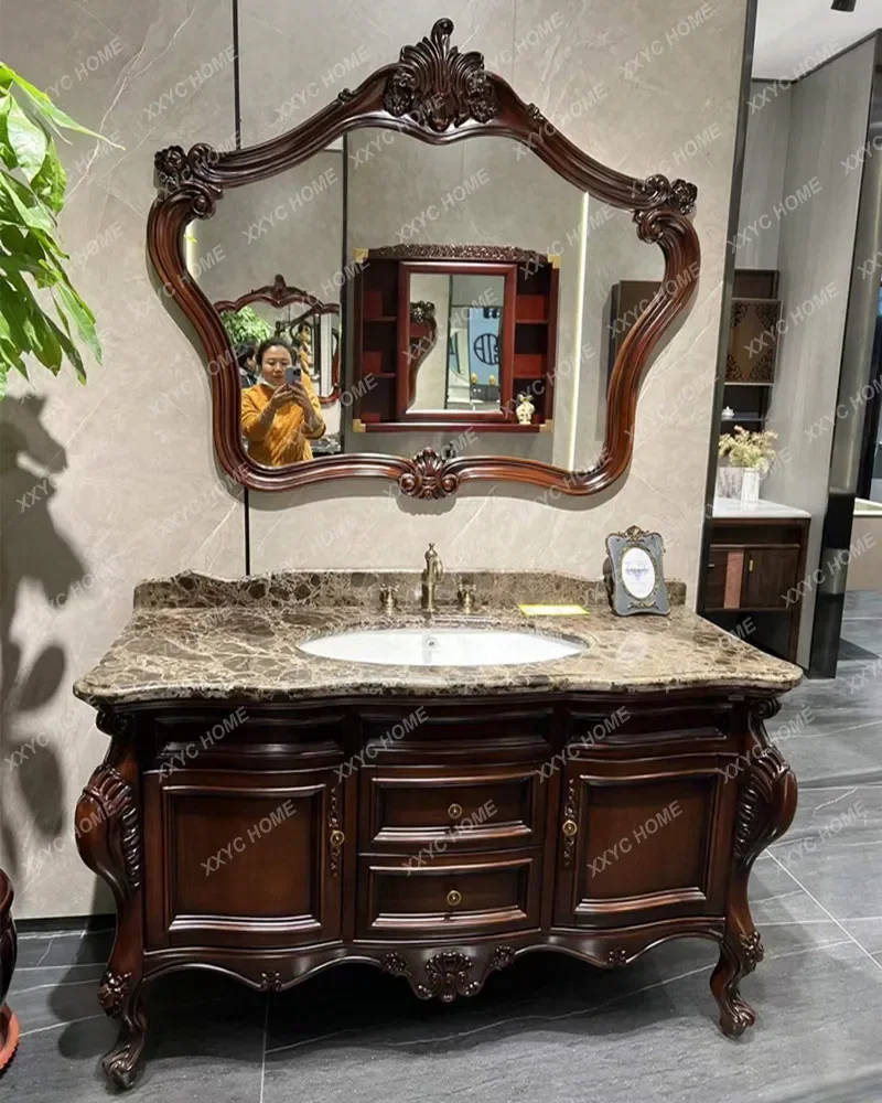 Bathroom Cabinet European Style Antique Oak Bathroom Cabinet Marble Countertop Wash Basin