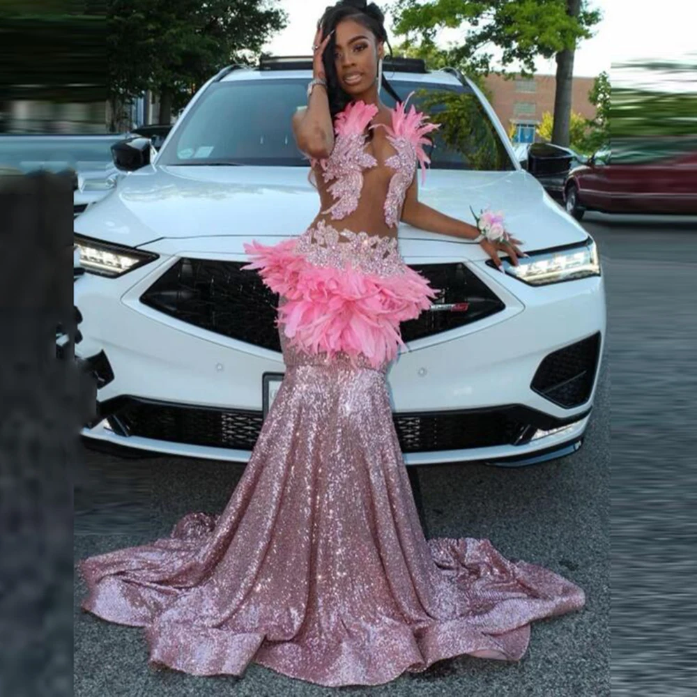 Pink Sequined Mermaid Prom Dresses Sexy See Through Feather Evening Gowns 2k23 African Women Formal Occasion Party Dress