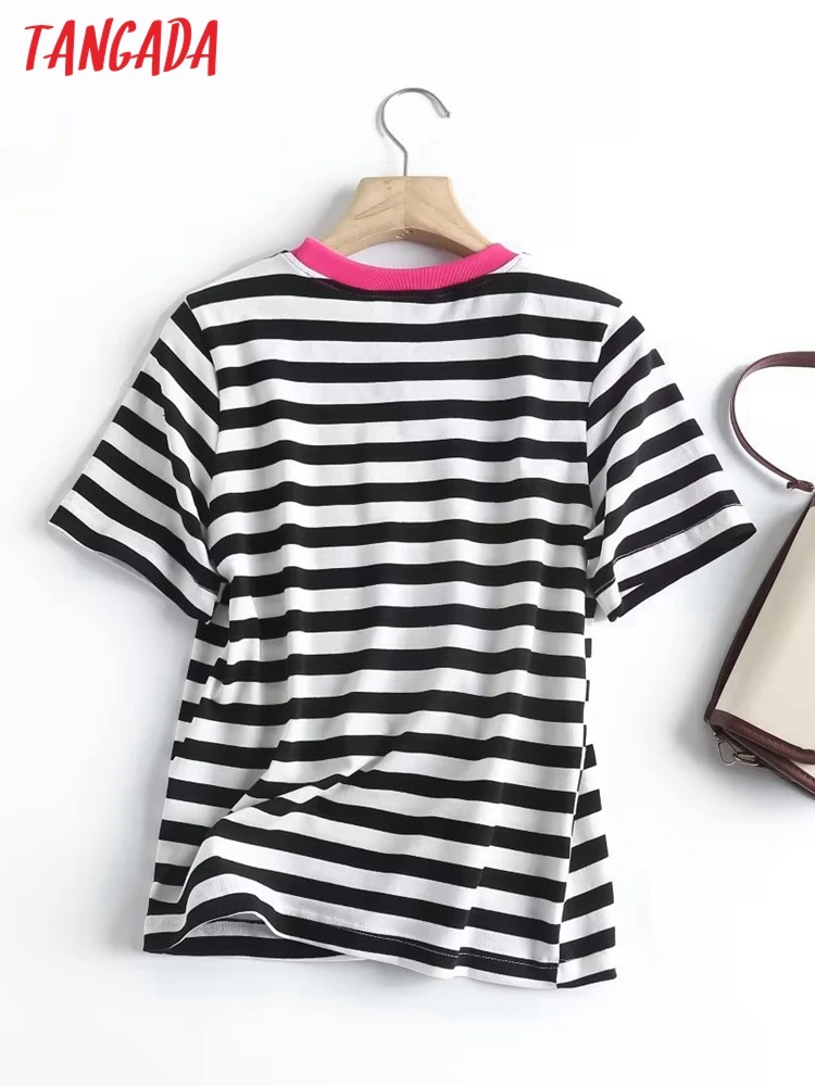 Tangada 2023 Women Vintage Striped Cotton T Shirt Long Sleeve Tees Ladies Casual Shirt 4C168