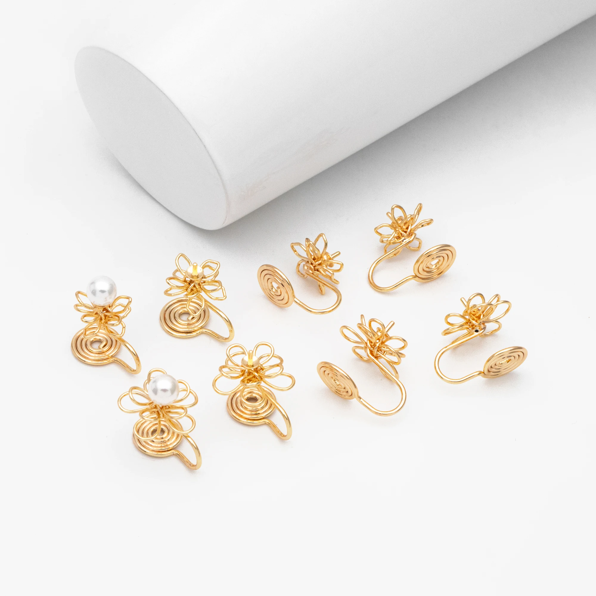 

10pcs Gold Wire Flower Earring Converters, Pearl Peg Earring Mounts, Half Drilled Pearl Post Earring Settings (GB-3614)