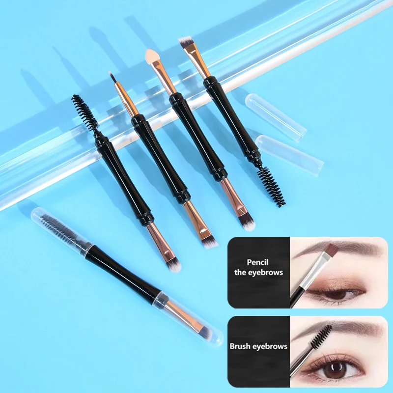 Mini Double-ended Makeup Brushes, Angled Brow Brush, Eyeshadow Brush, Eyeliner Brush, With Dust Cover.