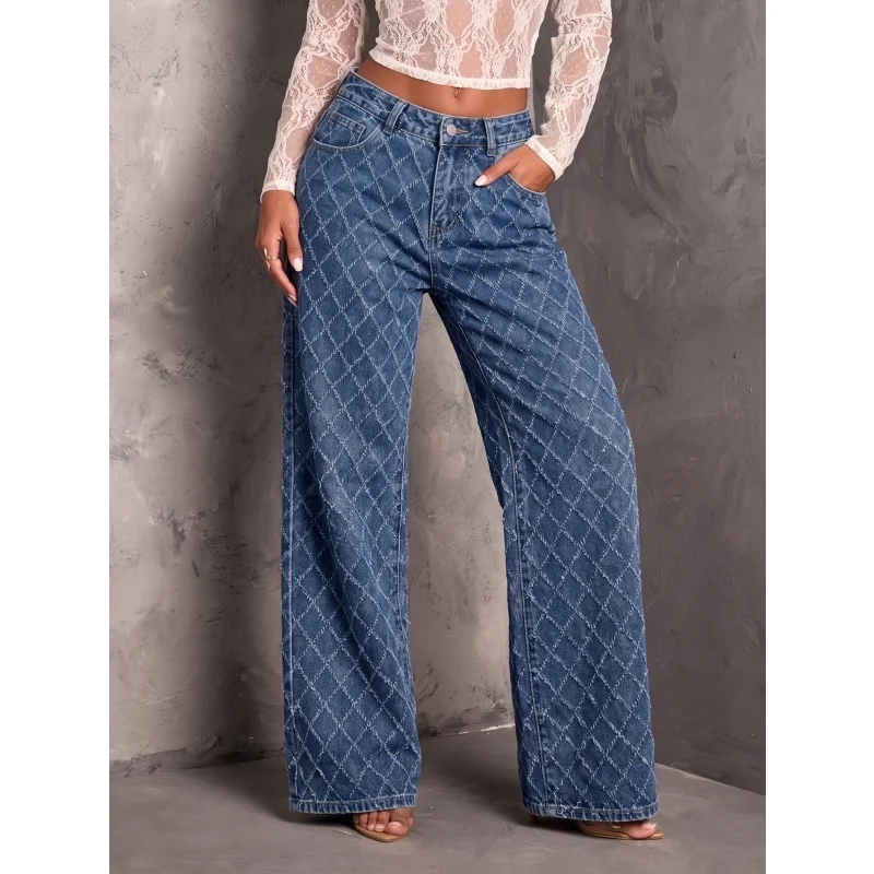 Women Loose Flare Jeans Non-Stretch Denim Pants Vintage Y2K Streetwear Diamond Grid Textured Wide Leg Trousers Casual Daily Wear