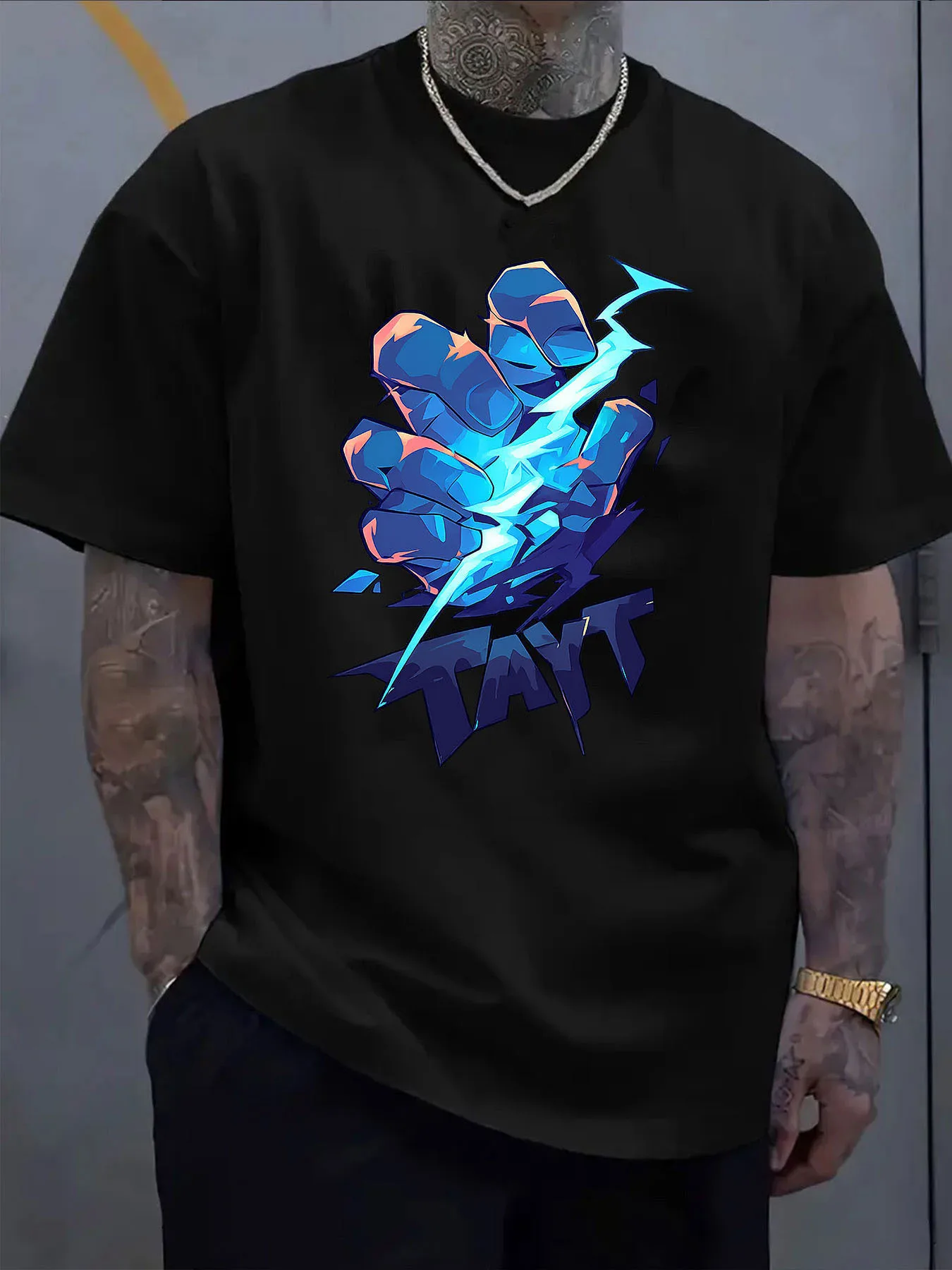 Men's Oversized T-Shirt With TAYT Text & Lightning Bolt Graphic - Vibrant Blue & Orange Bold Design, Stretchable Fabric, Round N