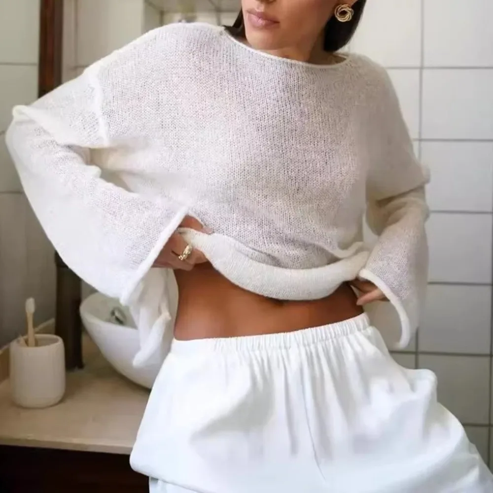 Chic Large Round Neck Hollow Knitted Sweater Breathable Lightweight Pullover Sweater Flared Sleeve See Through Loose Pullover