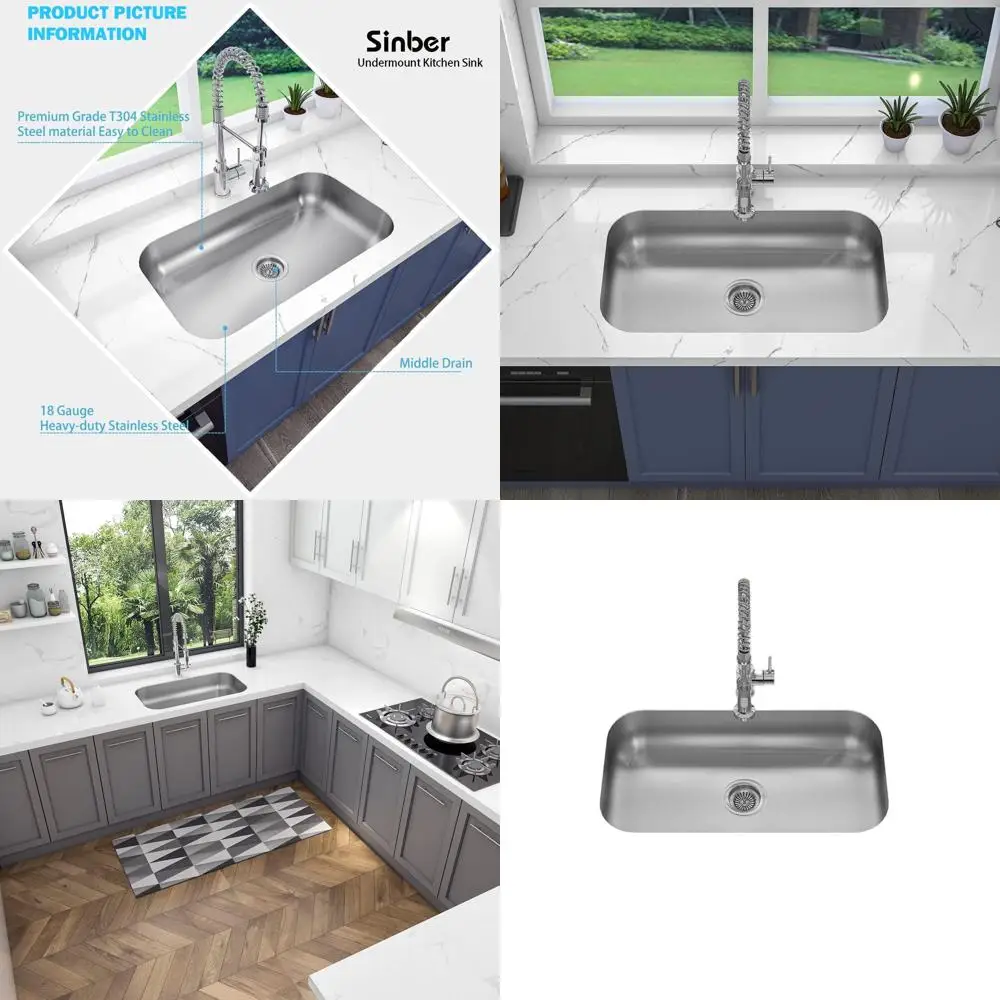 

30 x 18 x 5.5 Undermount Single Bowl Stainless Steel Kitchen Sink, 18 Gauge Satin Finish