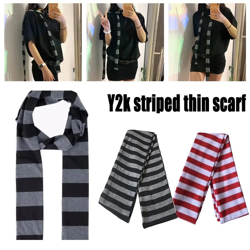 حار وشاح طويل فاسق أسود رمادي مخطط المختنق وشاح المراهقين فتاة 2000s برقبة نحيل رقيقة الرقبة أدفأ الرقبة التفاف الإكسسوار