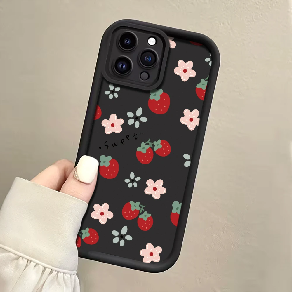 Erdbeer-Blumenmuster Handyhülle mit Trageriemen für iPhone 12 13 14 15 16 17 Pro Max 15 14 13 Plus 17E Stoßfeste Matte Silikonhülle – Detail 5