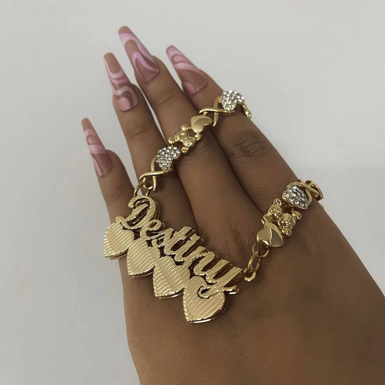 Custom Cursive Name Necklace Stainless Steel, Bear Heart Crystal Decor Chain Personalized Name Pendant Trendy Women Jewelry
