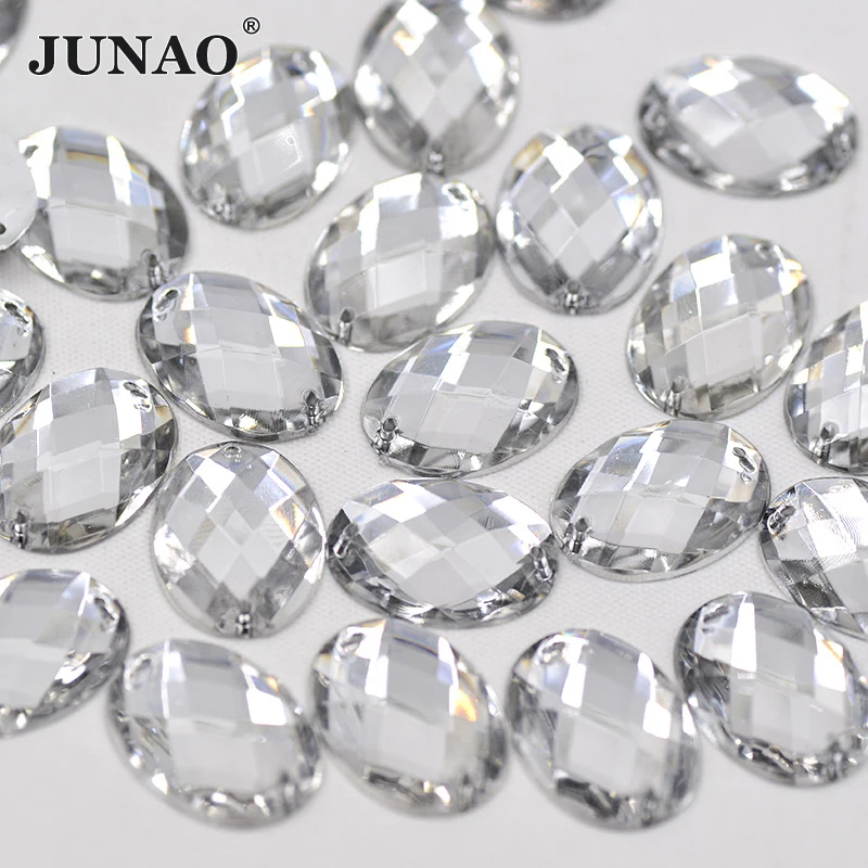 JUNAO 13*18mm 10*14mm Clear Sew On Oval Shape Rhinestones Flat Back Acrylic Crystals Stones Applique For Clothes Accessories