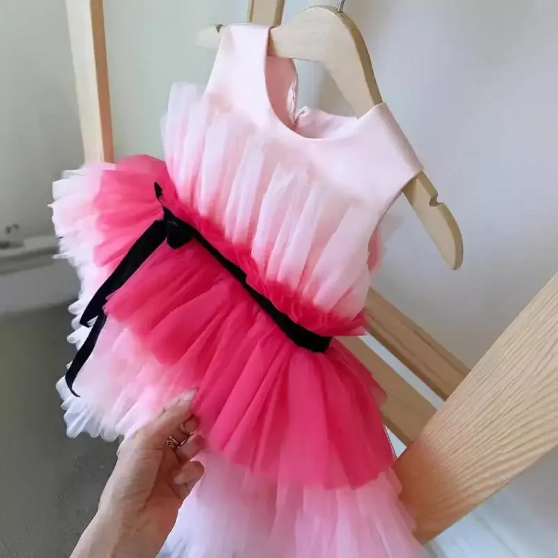 Pink Gradient Kids Girls Cake Dress Sleeveless Dresses Round Neck Summer Children Clothing Ballet Performance Pageant Costumes