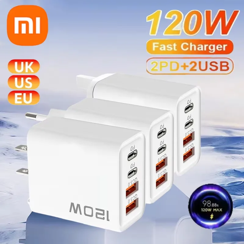 Adaptador de Parede PD USB Tipo-C de Carregamento Rápido de 120W para iPhone 16/15/14, Xiaomi, Huawei, Redmi, Oneplus