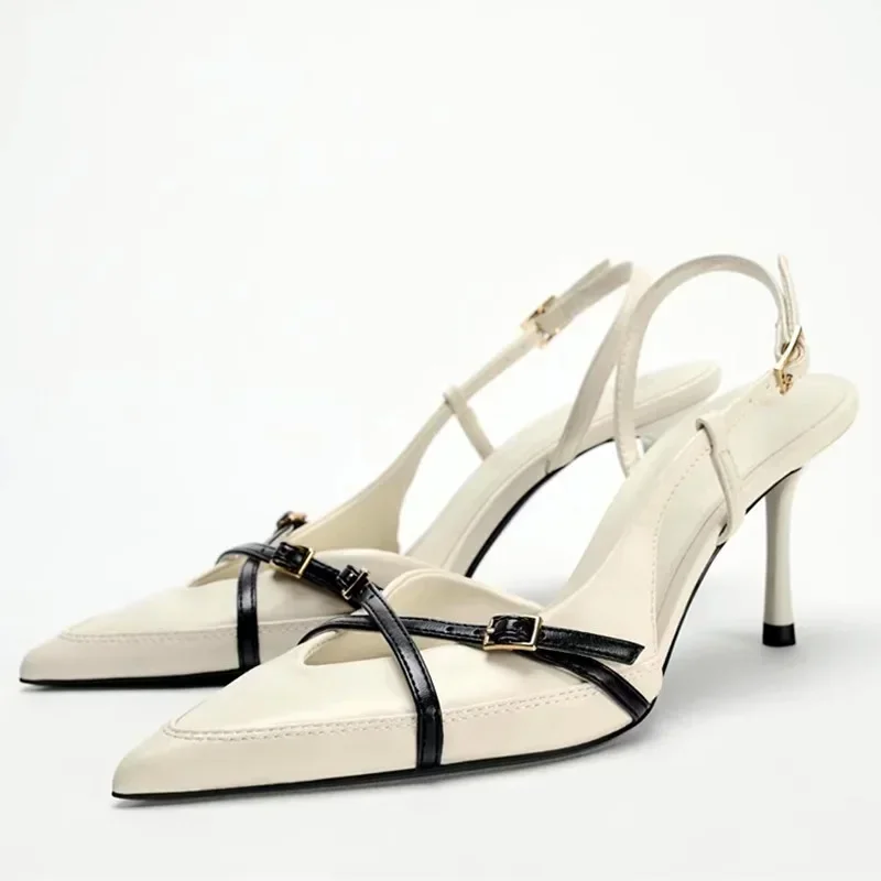 

Luxury Designer Women Pumps Sexy Pointed Toe Backless Heeled Sandals Cross Strap Buckle Design Elegant Party Dress Heeled Shoes