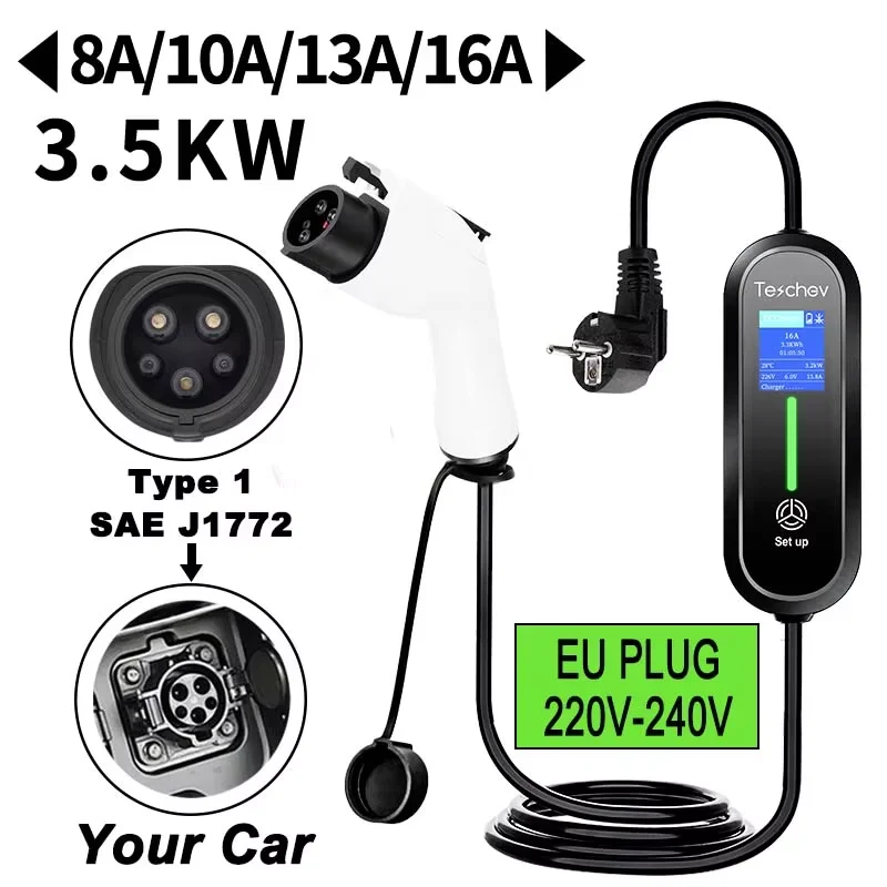 Teschev draagbare EV-oplader 3,5 kW Type 2 EVSE-oplaaddoos niveau 2 J1772 Type 1 oplader 16A autolader voor elektrische auto