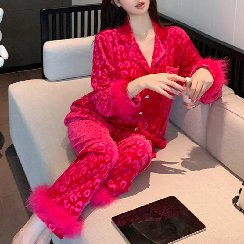 pyjama-automne-hiver-avec-bordure-en-plumes-vetements-de-nuit-pour-femmes-vetements-d'interieur-ensembles-de-pantalons-leopard-sexy-lingerie-vetements-decontractes-pour-se-detendre-a-la-maison