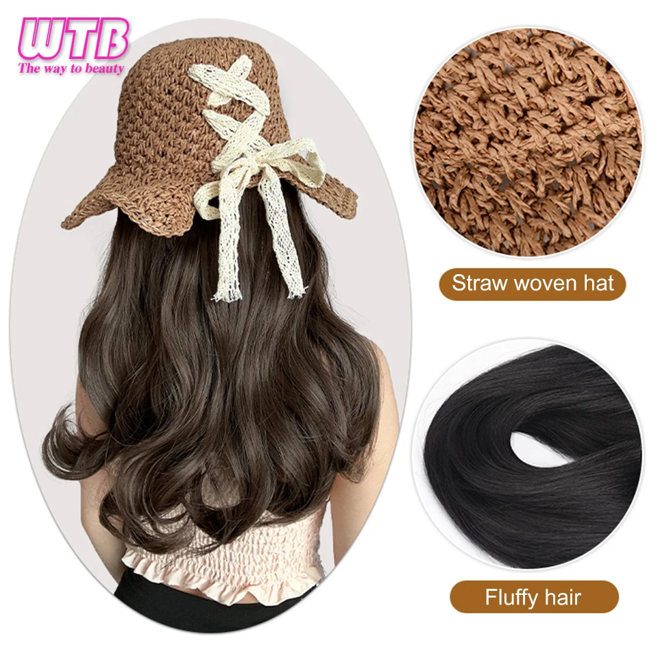 Topi dan wig sintetis dengan rambut panjang bergelombang linen topi jerami tenun dan musim panas topi pantai naungan wig rambut panjang keriting bernapas