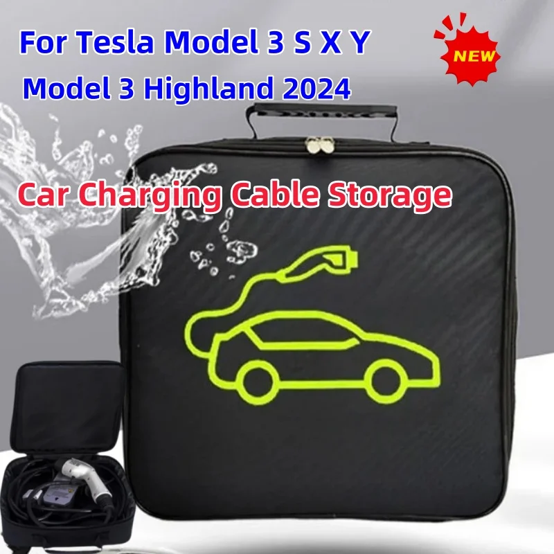 For Tesla Model 3 Highland 2024 Model 3 Y S X Electric Vehicle Charger Storage Bag Waterproof Fireproof Charging Cable Storage