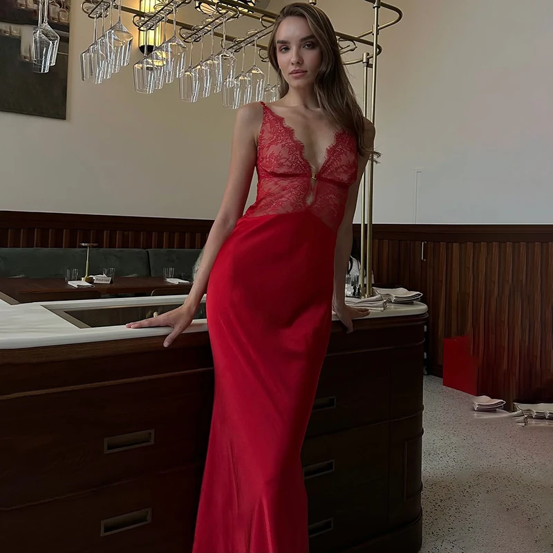 

Tornova Sexy Lace Maxi Spaghetti Strap Dress For Women Sleeveless See Through Evening Party Dress Female Elegant Stain Dress