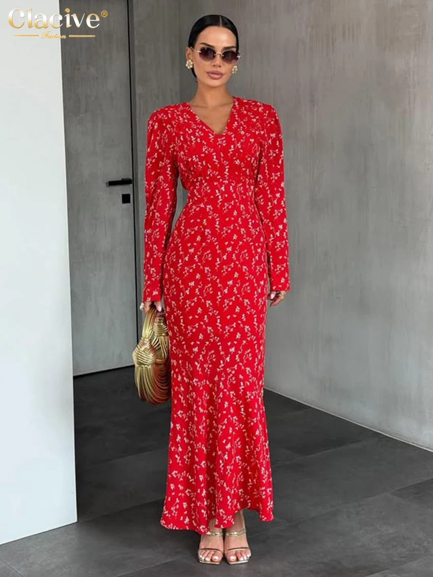 

Clacive Fashion Loose Print Women's Dress 2026 Bodycon V-Neck Long Sleeve Ankle Length Dresses Lady Elegant Classic Female Dress