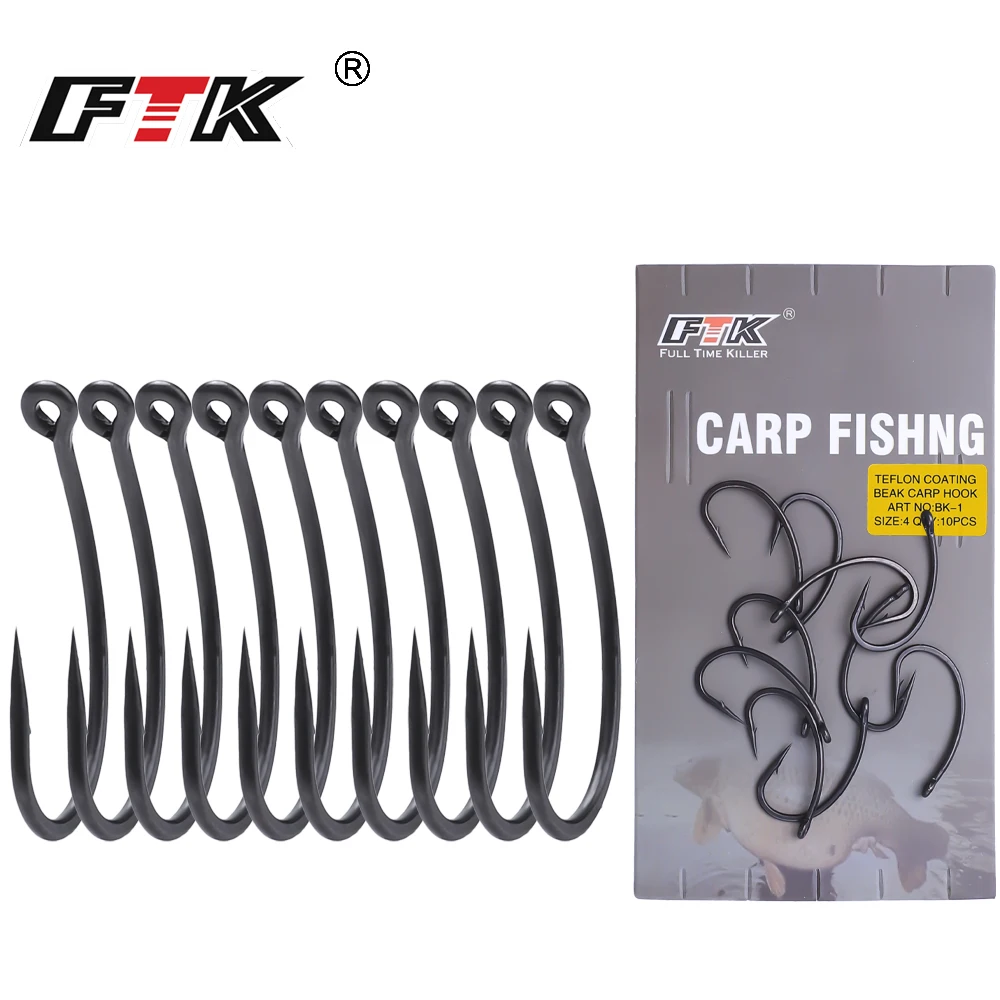 

FTK Carp Fishing Hooks Barbed 2#4#6#8# 10pcs/lot Pinpoint Claw Hooks PTFE Coating High Carbon Stainless Steel Eyed Fish Hooks