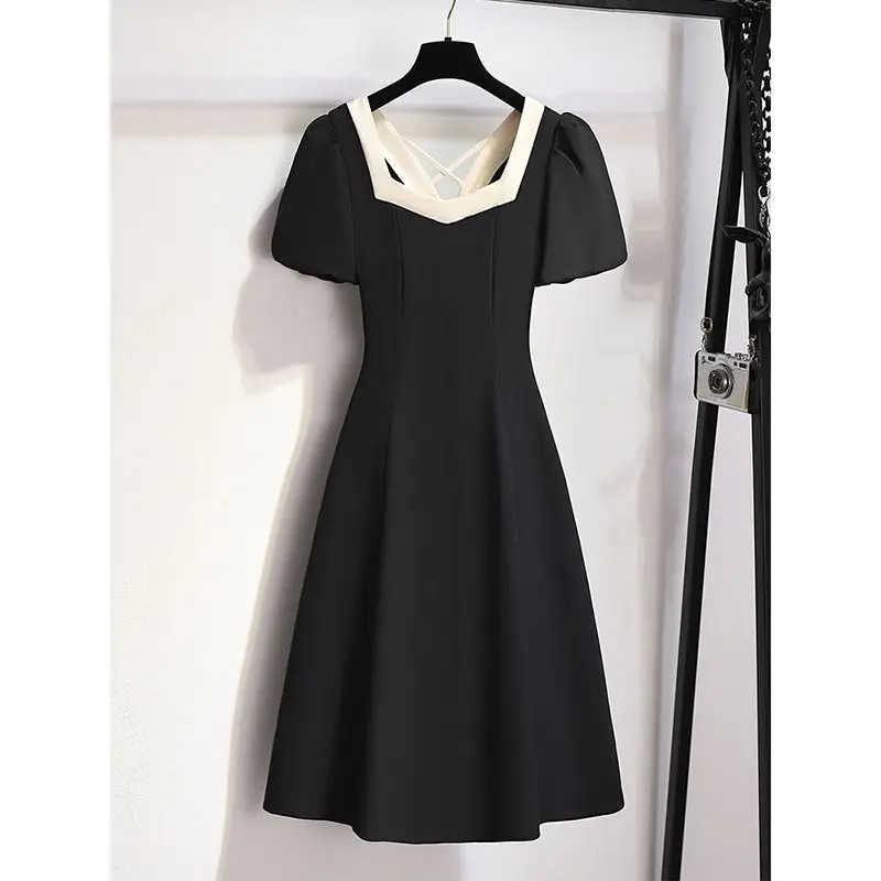 Bow Knot Design Sense French Black Mature Temperament Grace Appear Thin Solid Color A-line Skirt Women's Dress Summer 2024