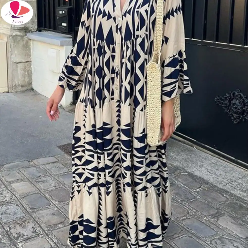 

APIPEE Women Vintage Print Maxi Dresses 2024 Summer V-Neck Long Sleeve Long Dresses Female Boho Beach Shirt Dress Casual Robe