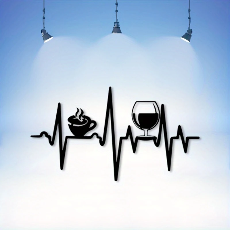 

Coffee and Wine Bar Metal Wall Decor - Heartbeat line design with silhouettes of coffee cups and wine glasses