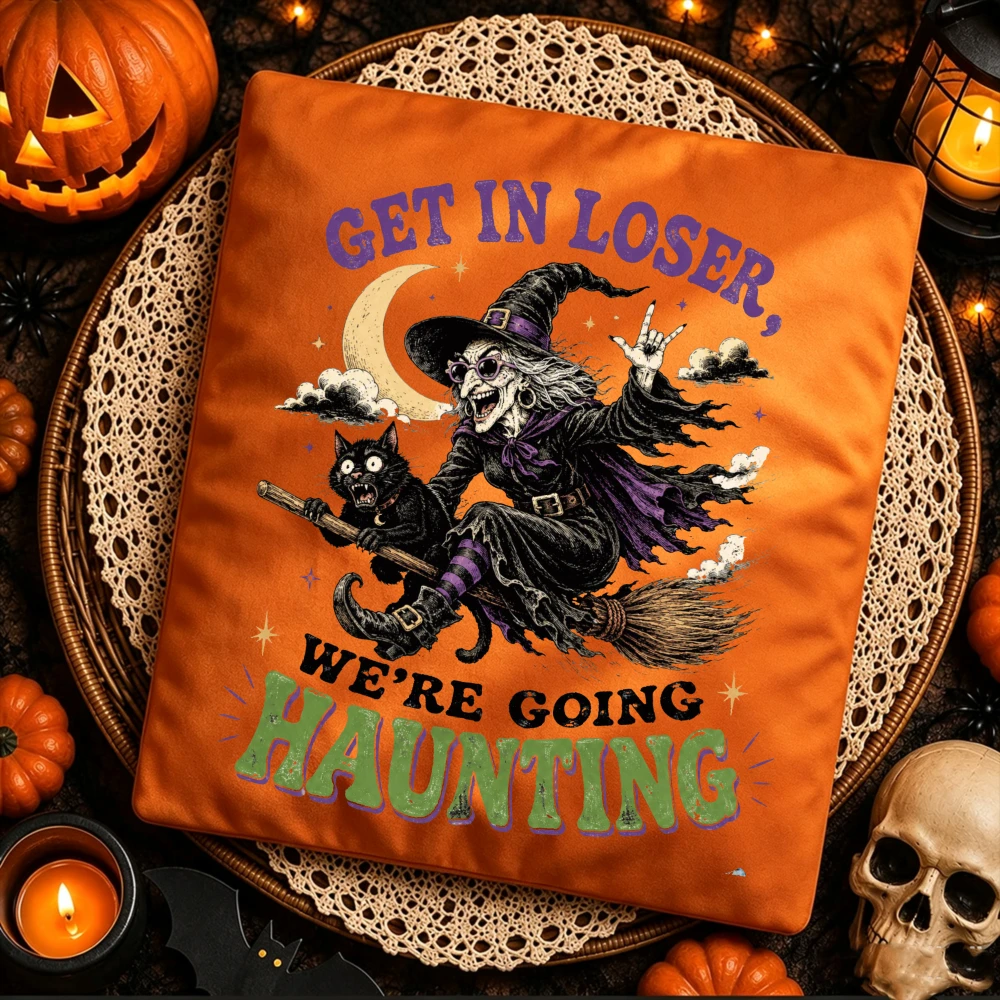 Get in Loser We're Going Haunting Graphic TShirt Women Witch Black Cat Moon Print Tee Vintage Halloween Spooky Season Casual Top