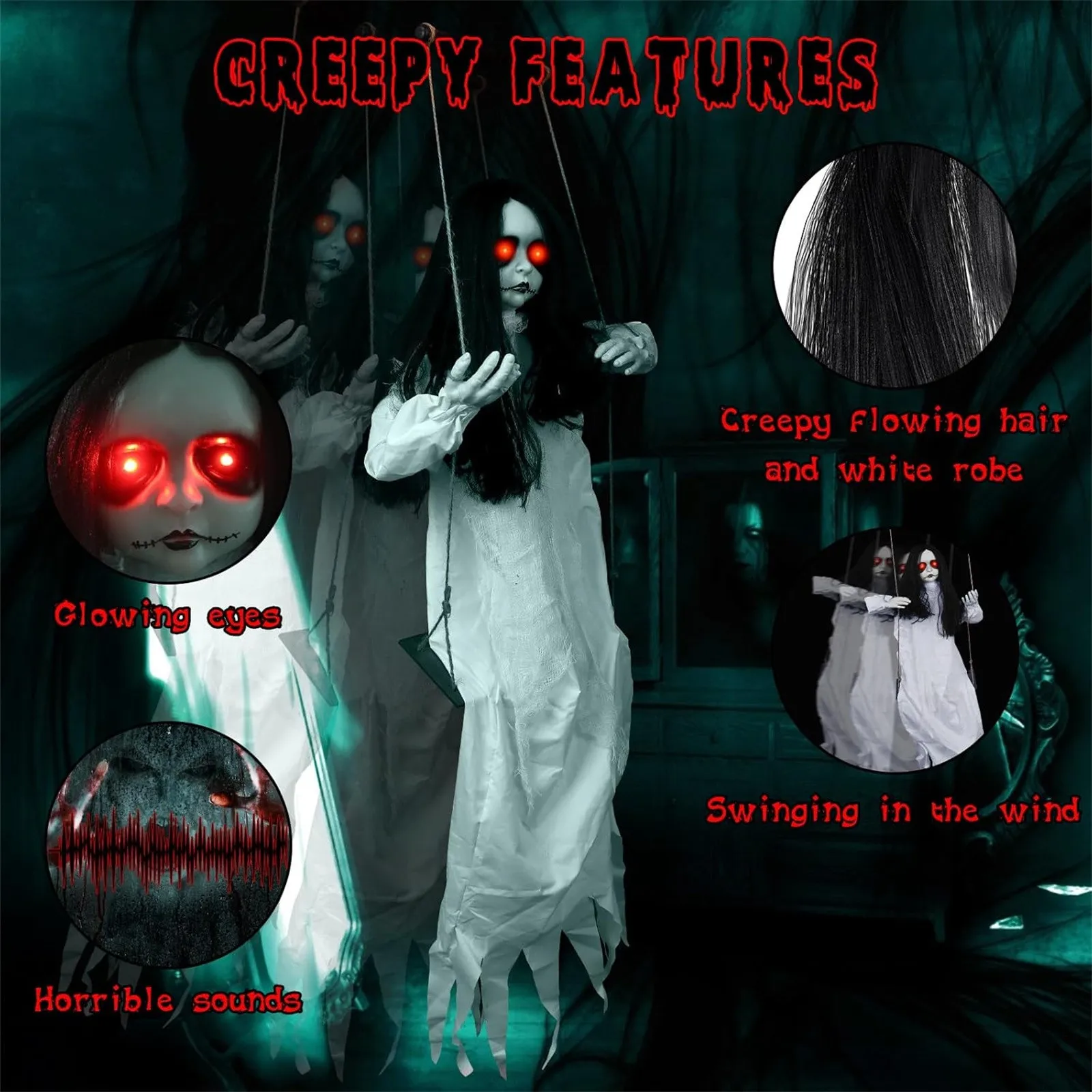 Halloween swing ghost doll horror decoration hanging swing doll long hair girl, sound and slap activated, light up eyes creepy