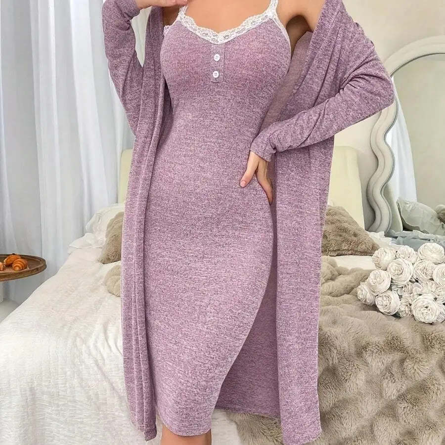 Womens Off-Shoulder Lace Cami Dress With Long Sleeve Open Cardigan 2pcs Set