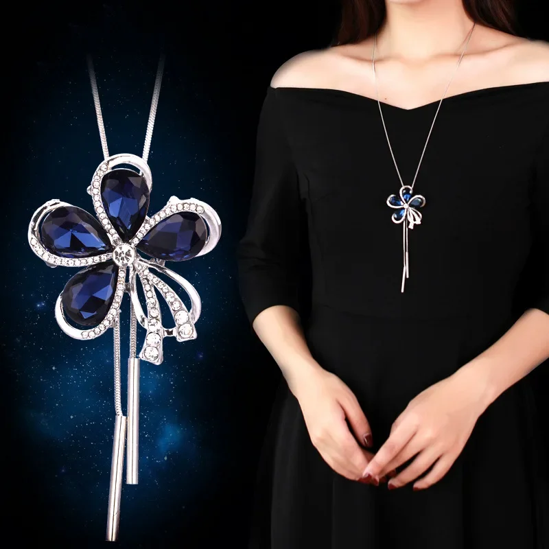 Crystal Five Petal Flower Necklaces & Pendants for Women Trendy Long Collier Femme Fashion Female Sweater Chain Jewelry