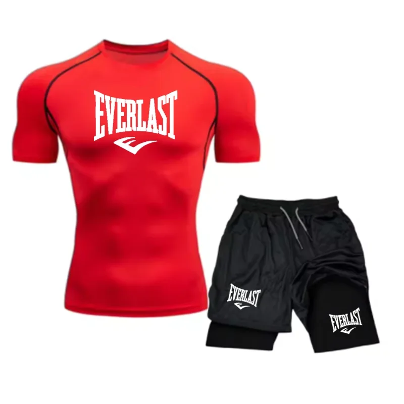 EVERLAST Men's Compress Shirt + 2-in-1 sports shorts 2pcs Set Leisure Breath Short Sleeve Sport Jogging Gym Brand Print Clothing