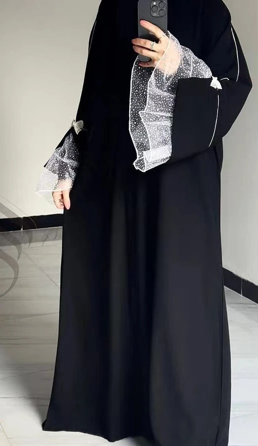 ドバイ風トルコ風パッチワークレースロングマキシ丈ワンピース　ローブアバヤ　ムスリム女性服