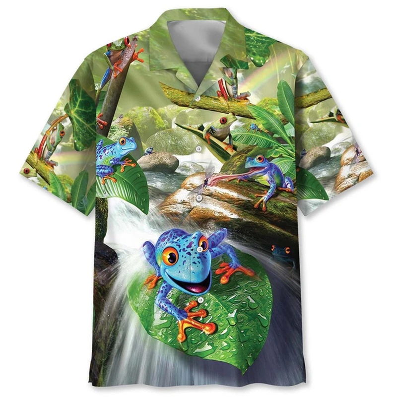 

Funny Frog Graphic Hawaiian Shirt For Men Animal Leopard 3D Printed Aloha Shirts Casual Streetwear Short Sleeve Blouse Y2k Tops