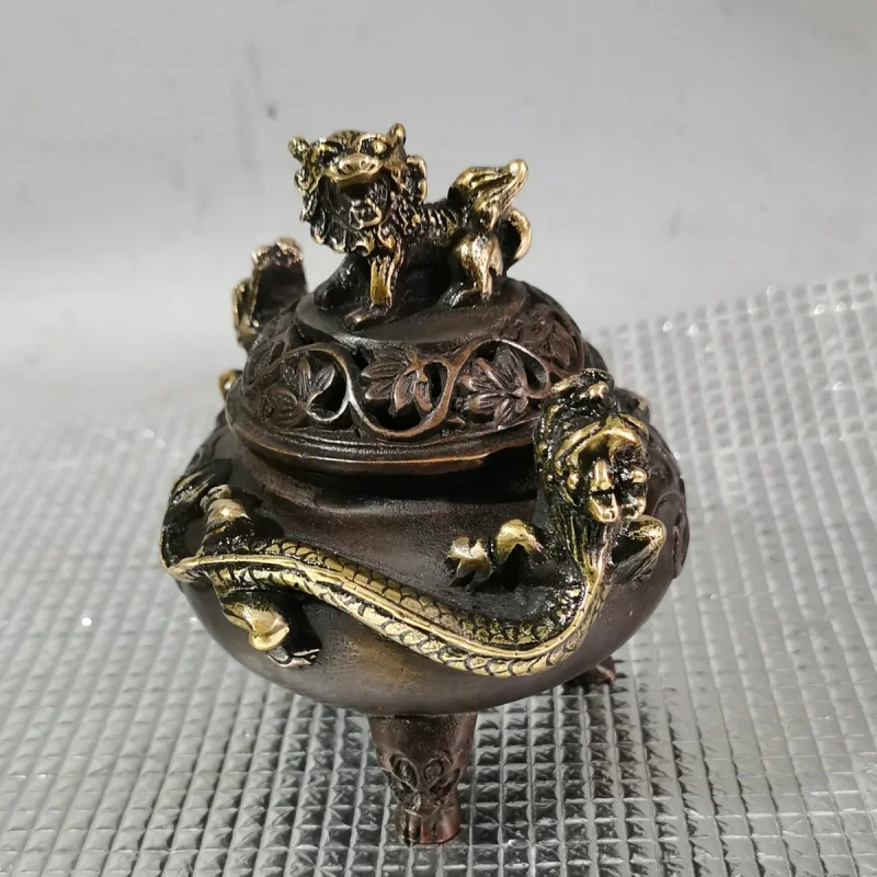 Wholesale Antique Copper Incense Burner Decoration Antique Collection Bedroom Antique Tripod Double Ears with Lid Crafts