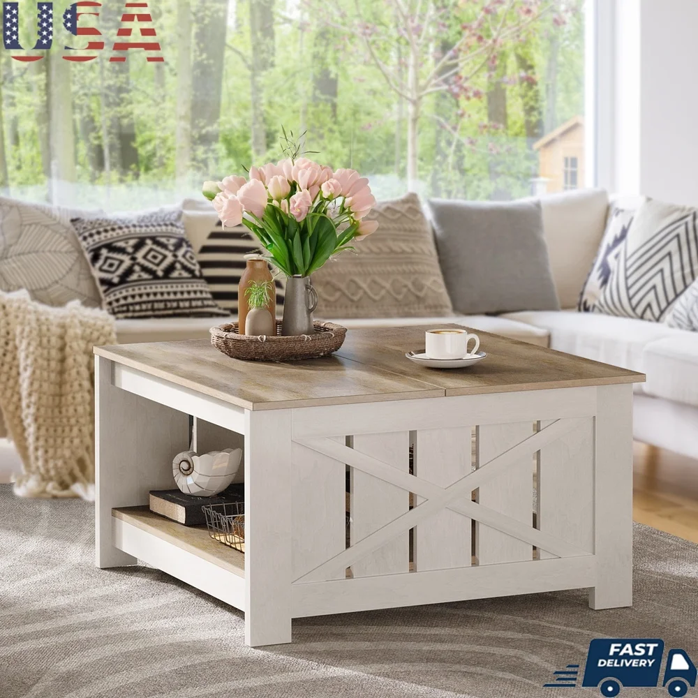 

Farmhouse Square Coffee Table with Open Storage Sliding Barn Door Adjustable Feet Durable Wood Gray Wash Indoor Use