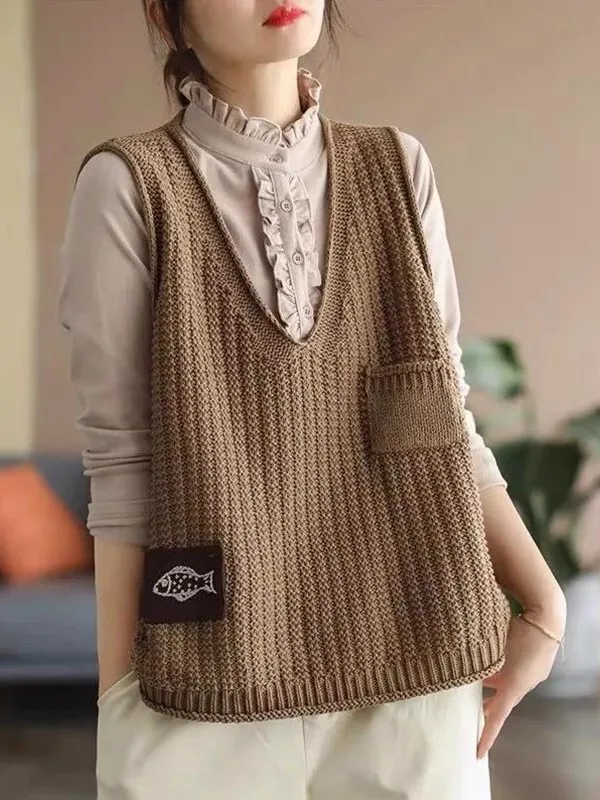 

V-Ne Knitted Vest Women's Spring Autumn Loose Versatile Svel oulder Bared Tank Top Pure Color Hollow out Vest